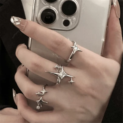 VKHK 3pcs/Set Women Zirconia Star Decor Open Ring Set, Suitable For Daily Wear