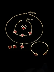 6pcs/Set: 1pc Necklace, 1pc Bracelet, 1pc Earring, 1 Pair Rings, 1pc Lucky Flower Necklace - Gold Earrings, Gold Rings, Gold Necklace, Gold Bracelet, Gold Bangle, Suitable For Back To School, Gatherings, Holidays - White - View 6