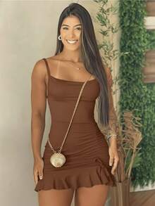 Angelica Mini Dress With Straps And Ruffles - Marrom Liso - View 1
