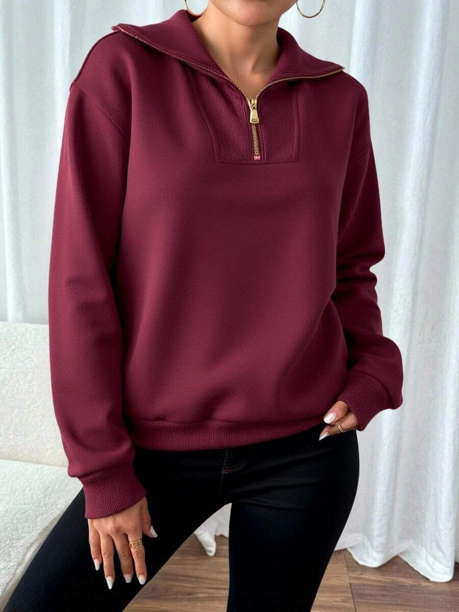 Sudadera con Capucha para Mujer - Sudadera de Media Apertura con Cremallera Metálica, Tejido Suave y Transpirable, Corte Slim y Atractivo, Disponible en Varios Colores, Ideal para Estilo Casual y Semi-Formales. - Borgoña 1 - Ver 1
