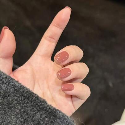 24片方形按压式短假指甲，裸色亚克力假指甲，超短粉色人造指甲，亮泽纯色全覆盖，带粘合剂，适合女性和女孩