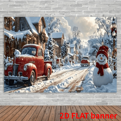 A 2D Flat, Charming Christmas Snow Scene Banner Featuring Cute Snowmen, Decorated Fir Trees And Warm Street Lamps, Perfect For Holiday Parties And Indoor And Outdoor Decoration, No Electricity Required