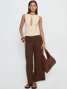 Palazzo Pants For Women 2025 Fall Striped Flowy Tie Knot Wide Leg High Waist Dressy Casual Work Pants Trousers - 咖啡棕 - 查看 3