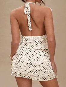 Women's Polka Dot 2 Piece Skirt Sets Vintage Halter V-Neck Top And Ruffle Layered Mini Skirt Summer Y2k Outfits - 白色 - 查看 3