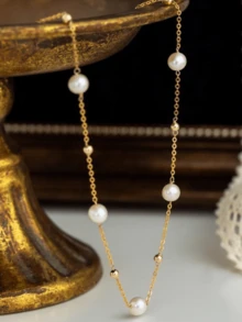 1pc Faux Pearl Chain Beaded Necklace, Suitable For Weddings And Formal Events