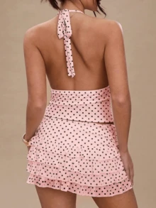 Women's Polka Dot 2 Piece Skirt Sets Vintage Halter V-Neck Top And Ruffle Layered Mini Skirt Summer Y2k Outfits - 粉色 - 查看 4