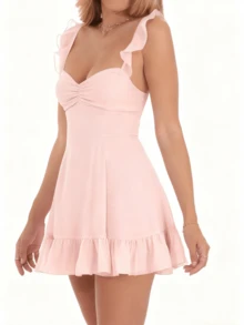 Women Y2k Graduation Mini Dress Ruffle Hem Lace Short Dress Flowy A Line Tie Back Dresses Party Clubwear - 粉色 - 查看 3