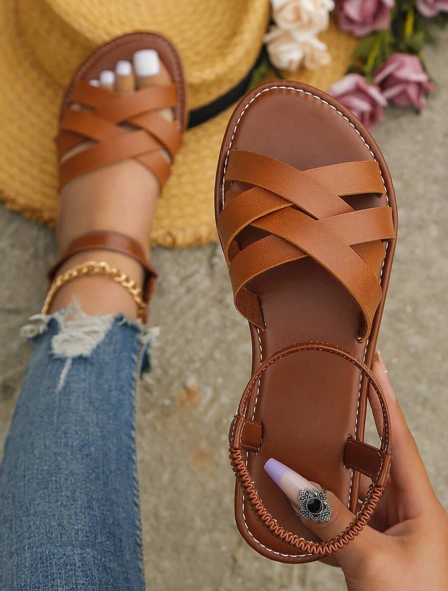 Women's Stylish Roman Flat Sandals - Slip-On, Anti-Slip Sole, Faux Cover, Open Toe, Cross Strap Design, Brown, Perfect For Summer Beach Outfits, Ladies Sandals - màu nâu - Xem 1