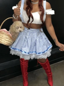 Women Halloween Mini Skirt, High Waist Lace Trim Plaid Skirt Summer A-Line Skirt Streetwear For Club Party - Blue - View 2
