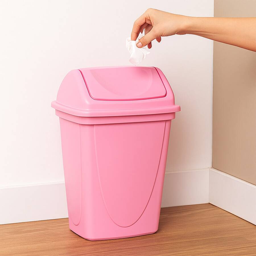 Bote de basura de plástico, con tapa balancín. Capacidad 14 litros, bote de basura para cocina, baño, dormitorio - Rosa - Ver 1