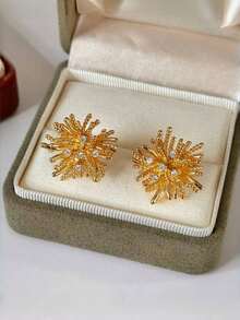 1Pair Gold Plated Sunburst Stud Earrings - Rhinestone Firework Statement Earrings For Women, Hypoallergenic Daily & Party Jewelry