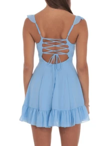 Women Y2k Graduation Mini Dress Ruffle Hem Lace Short Dress Flowy A Line Tie Back Dresses Party Clubwear - 淺藍色 - 查看 3
