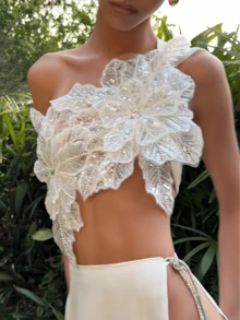 Women Sequin 3D Flower Crop Top Sparkle Backless Tie Up Cami Tank Top Floral Embroidered Mesh Tops - trắng - Xem 1