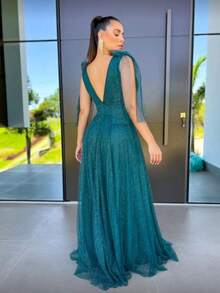 Long Dress With Slit Graduation Wedding Guest Bridesmaid With Sparkle - Green - View 2