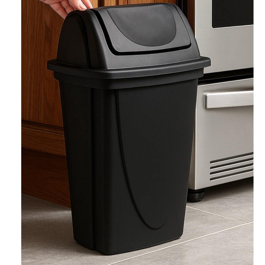 Bote de basura de plástico, con tapa balancín. Capacidad 14 litros, bote de basura para cocina, baño, dormitorio - Negro - Ver 1