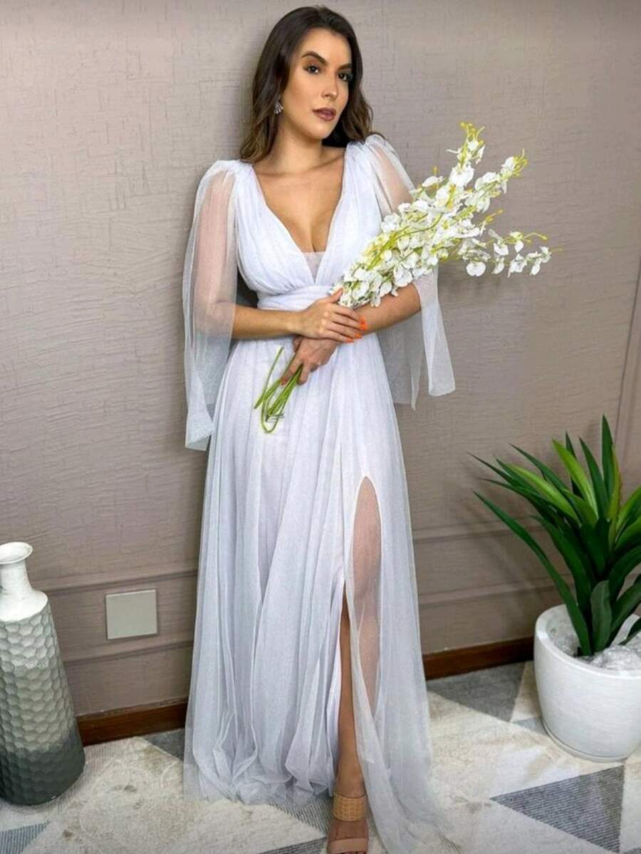 Long Dress With Slit Graduation Wedding Guest Bridesmaid With Sparkle - White - View 1