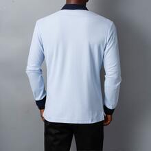 T S Dreamer Men's Long Sleeve Polo Shirt, Original "Dream Come True" Embroidery, Fashionable Contrast Color Blocking, Pure Cotton, Versatile For Christmas, Halloween, Thanksgiving, Valentine's Day, Teachers' Day, Father's Day, Carnivals, Easter, Ramadan, New Year, Independence Day, Eid Al-Adha, St. Patrick's Day, Spring Festival - Baby Blue - View 4