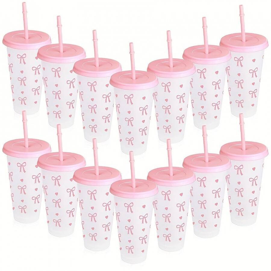 20/10 Pack 24oz Bow Plastic Cups With Straw And Lid, Pink Blue Reusable Travel Tumbler Cups, Heart-Shaped Pattern Iced Coffee Drink Cup, Suitable Birthday, Festival, Wedding, Anniversary And Party Supplies Valentine's Day,, Mother's Day, Halloween And Graduation Season Gifts - 藍色 - 查看 1