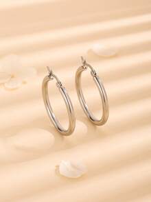 1對韓國簡約時尚的金色純圓耳環,ins風格耳環,適合日常佩戴 - 銀色 - 查看 6