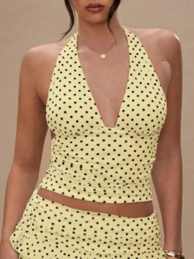 Women's Polka Dot 2 Piece Skirt Sets Vintage Halter V-Neck Top And Ruffle Layered Mini Skirt Summer Y2k Outfits - 黃色 - 查看 6
