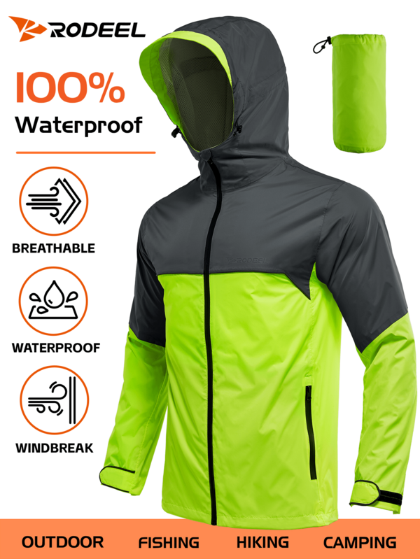 RODEEL Chaqueta impermeable para ciclismo con gráficos reflectantes para hombre, impermeable, reutilizable y ligera, para actividades al aire libre.