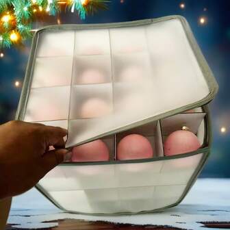 1件/2件64格圣诞球收纳盒，PP双拉链圣诞挂饰收纳盒，简约时尚透明方形双面可开多功能折叠防水收纳盒，圣诞装饰收纳盒，居家袜子内衣收纳盒