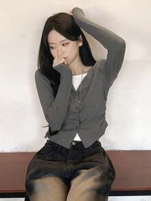 2025 Spring/Autumn Casual Chic Button Knit Cardigan For Women, Two Pieces Look - Grey - View 5