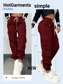Women's Cargo Pants, Fashionable Y2K Style, Suitable For Christmas, Autumn, Outdoor, Formal Wear, Workwear, Casual, Sports, Loose Fit, Halloween, New Arrival, Autumn/Winter, Streetwear, Multi-Pocket, Elastic Waist, Airport, Back To School, Hot Selling - Burgundy - View 8