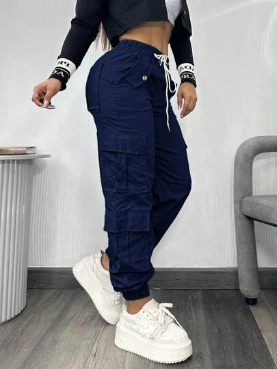 Women's Y2K Cargo Pants, Casual Loose Fit Trousers, Versatile Streetwear, Multi-Pocket Design, Elastic Waist, Suitable For Autumn, Outings, Work, Airport, Back To School, Hot Selling