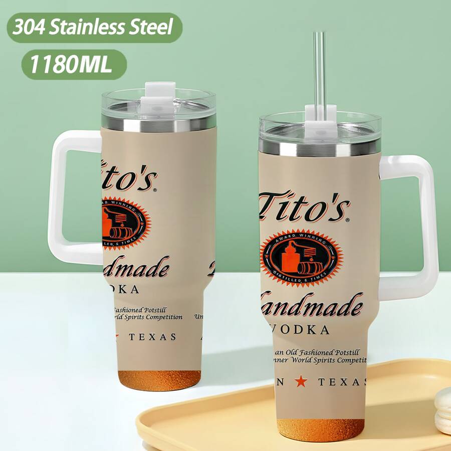 40oz Large Capacity Car Watter Bottles With Lid And Handle, 304 Stainless Steel Insulated Tumbler With Tito's Handmade Vodka Label Graphic Pattern, Suitable For Car, Office, Travel And Birthday Gifts - Nhiều màu - Xem 1