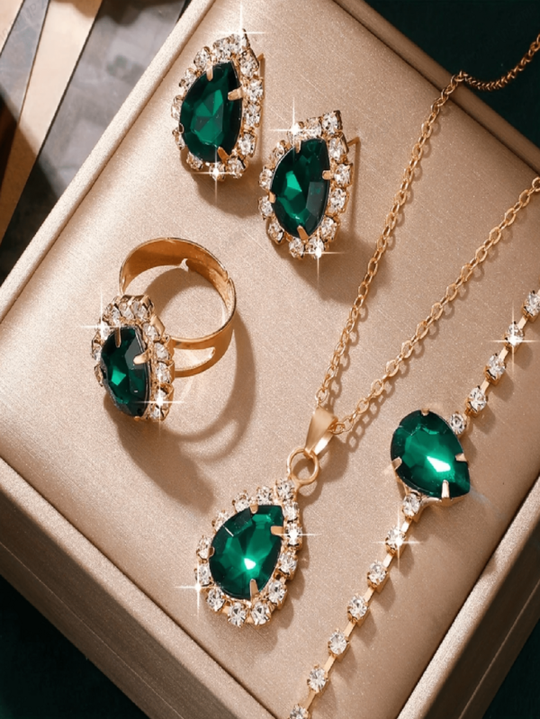 Emerald Green Teardrop Rhinestone Jewelry Set For Women Luxe Crystal Necklace, Earrings, Ring & Bracelet For Wedding Party Glam, Autumn And Winter Jewelry, Christmas Decoration