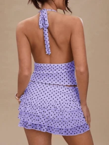 Women's Polka Dot 2 Piece Skirt Sets Vintage Halter V-Neck Top And Ruffle Layered Mini Skirt Summer Y2k Outfits - 紫色 - 查看 3