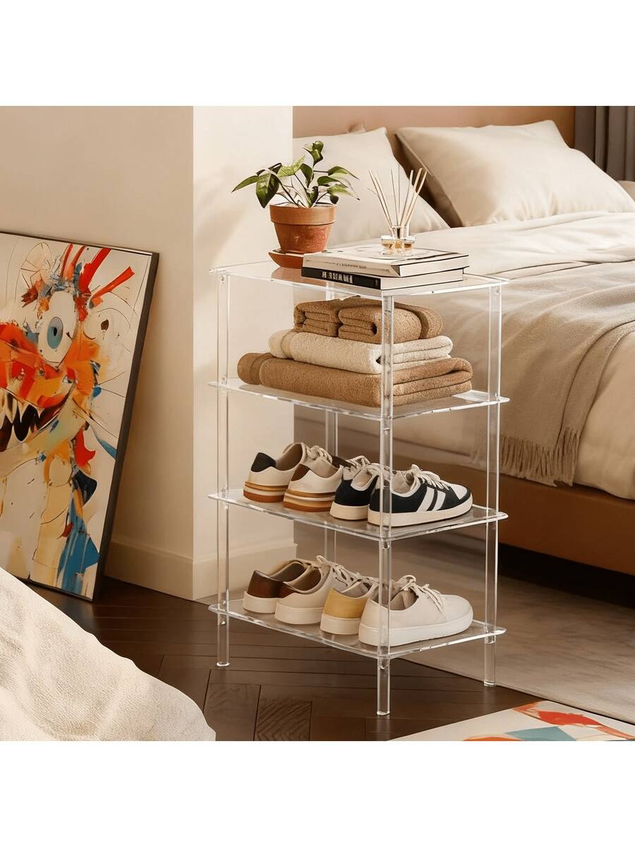1pc Transparent Acrylic Shoe Rack - Ultra-Clear Modern Shoe Organizer For Small Spaces In Entryway, Closet, Mudroom; Slim, Lightweight, Clear Panels; Easy Assembly, Sturdy Supports; Keeps Shoes Neat, Accessible, Versatile For Flats, Sneakers, Boots; Minimalist, Space-Saving Design With Crystal-Transparent Finish
