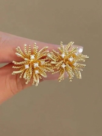 1Pair Gold Plated Sunburst Stud Earrings - Rhinestone Firework Statement Earrings For Women, Hypoallergenic Daily & Party Jewelry