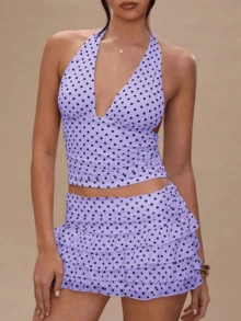 Women's Polka Dot 2 Piece Skirt Sets Vintage Halter V-Neck Top And Ruffle Layered Mini Skirt Summer Y2k Outfits - 紫色 - 查看 2