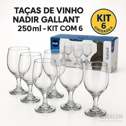 Jogo 6 Taças Copo Agua Vinho Vidro Gallant 250ml Luxo - Nadir