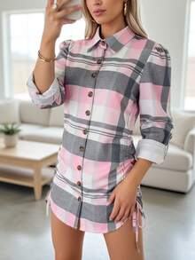 Women's Casual Plaid Cinched Waist Shirt Dress (Non-Printed)