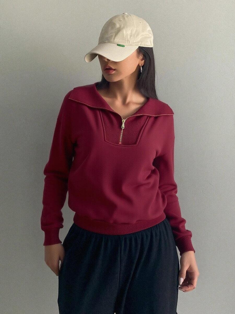 Sudadera con Capucha para Mujer - Sudadera de Media Apertura con Cremallera Metálica, Tejido Suave y Transpirable, Corte Slim y Atractivo, Disponible en Varios Colores, Ideal para Estilo Casual y Semi-Formales. - azufaifo rojo - Ver 1