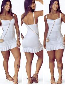 Angelica Mini Dress With Straps And Ruffles - Marrom Liso - View 2