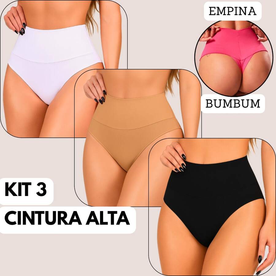 Kit Calcinha Cós Largo Fio Duplo Cintura Alta Segura Barriga Confortavel Poliamida Calsinha Femenina Levanta Bumbum