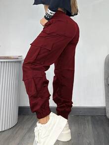 Women's Cargo Pants, Fashionable Y2K Style, Suitable For Christmas, Autumn, Outdoor, Formal Wear, Workwear, Casual, Sports, Loose Fit, Halloween, New Arrival, Autumn/Winter, Streetwear, Multi-Pocket, Elastic Waist, Airport, Back To School, Hot Selling - Burgundy - View 4
