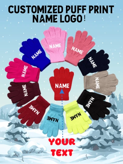 Knitted Gloves For Children, Suitable For Both Boy And Girl, Warm And Cold Resistant In Winter. Cute Solid Color, All Finger Yarn. Customized Text Logo For Children's Gloves