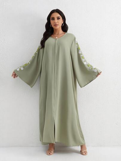 Sukienka damska w stylu bliskowschodnim, zielona, z długim rękawem, luźna, haftowana, elegancka, arabska