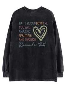 Oversized Vintage Black Cotton Washed English Print Long Sleeve T-Shirt, Loose And Flattering Design - Black - View 3