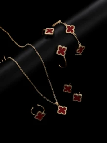 6pcs/Set: 1pc Necklace, 1pc Bracelet, 1pc Earring, 1 Pair Rings, 1pc Lucky Flower Necklace - Gold Earrings, Gold Rings, Gold Necklace, Gold Bracelet, Gold Bangle, Suitable For Back To School, Gatherings, Holidays - White - View 9