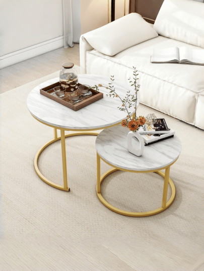 Super life 1 Set Of 2 White Coffee Table Combo, Gold Frame Round Marble Patterned Wooden Side Table, Modern Industrial Minimalist Nightstand, Suitable For Living Room, Bedroom, Apartment