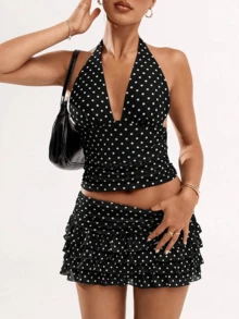 Women's Polka Dot 2 Piece Skirt Sets Vintage Halter V-Neck Top And Ruffle Layered Mini Skirt Summer Y2k Outfits - 黑色 - 查看 3