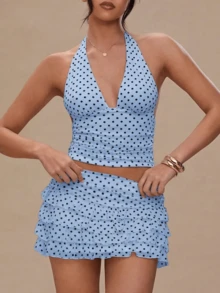 Women's Polka Dot 2 Piece Skirt Sets Vintage Halter V-Neck Top And Ruffle Layered Mini Skirt Summer Y2k Outfits - 藍色 - 查看 1