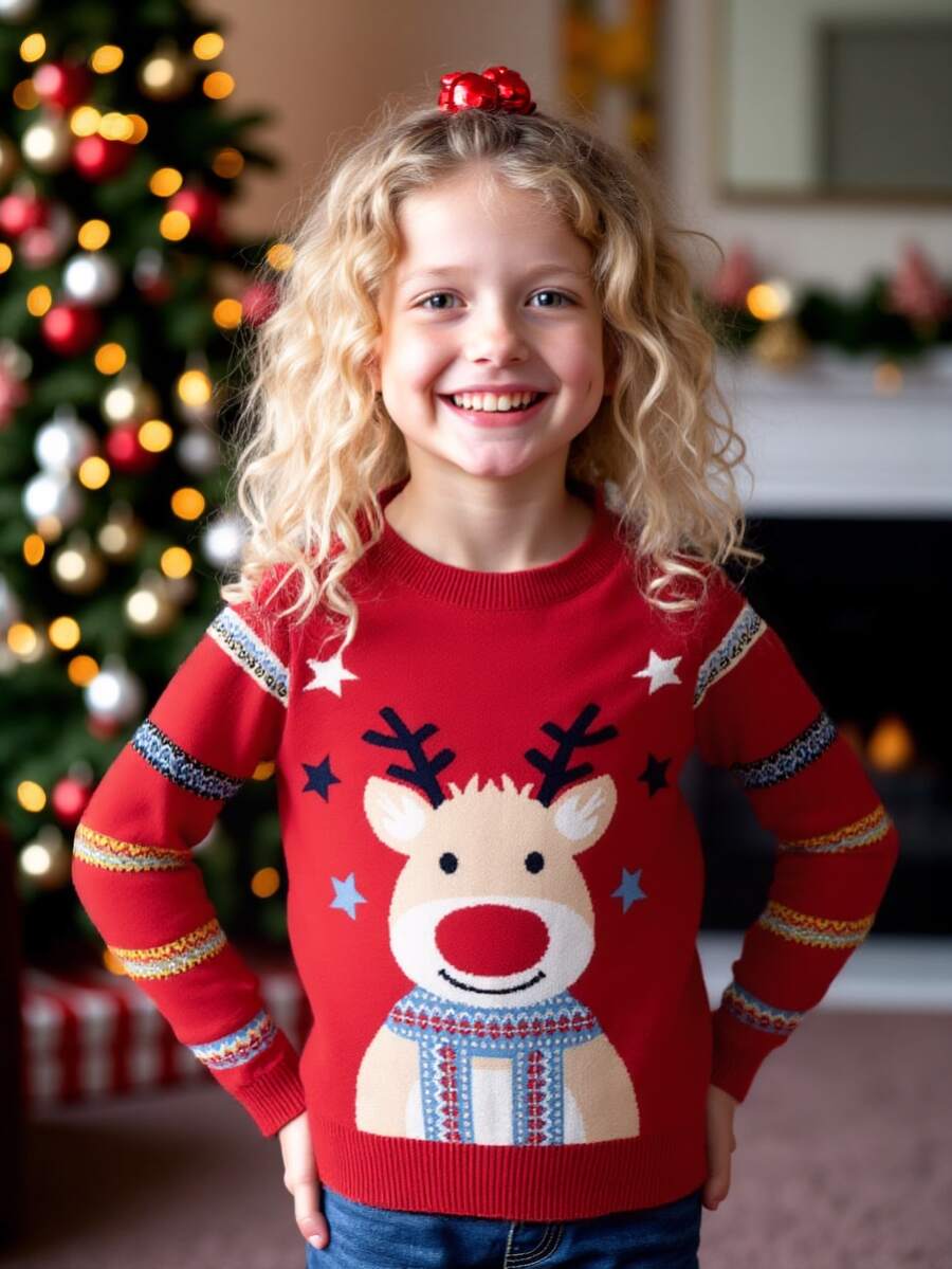 Áo len cổ tròn tuần lộc đỏ cho bé gái có sọc nhiều màu, dài tay, năm mới, cho giáng sinh