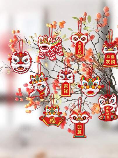 9pcs Chinese New Year Hanging Decorations, Red & Gold Lion Dance Hanging Cards, Cartoon Dragon Pendants, Suitable For New Year Party Decor, Spring Festival Indoor Scenes, New Year Celebration And Holiday Decoration